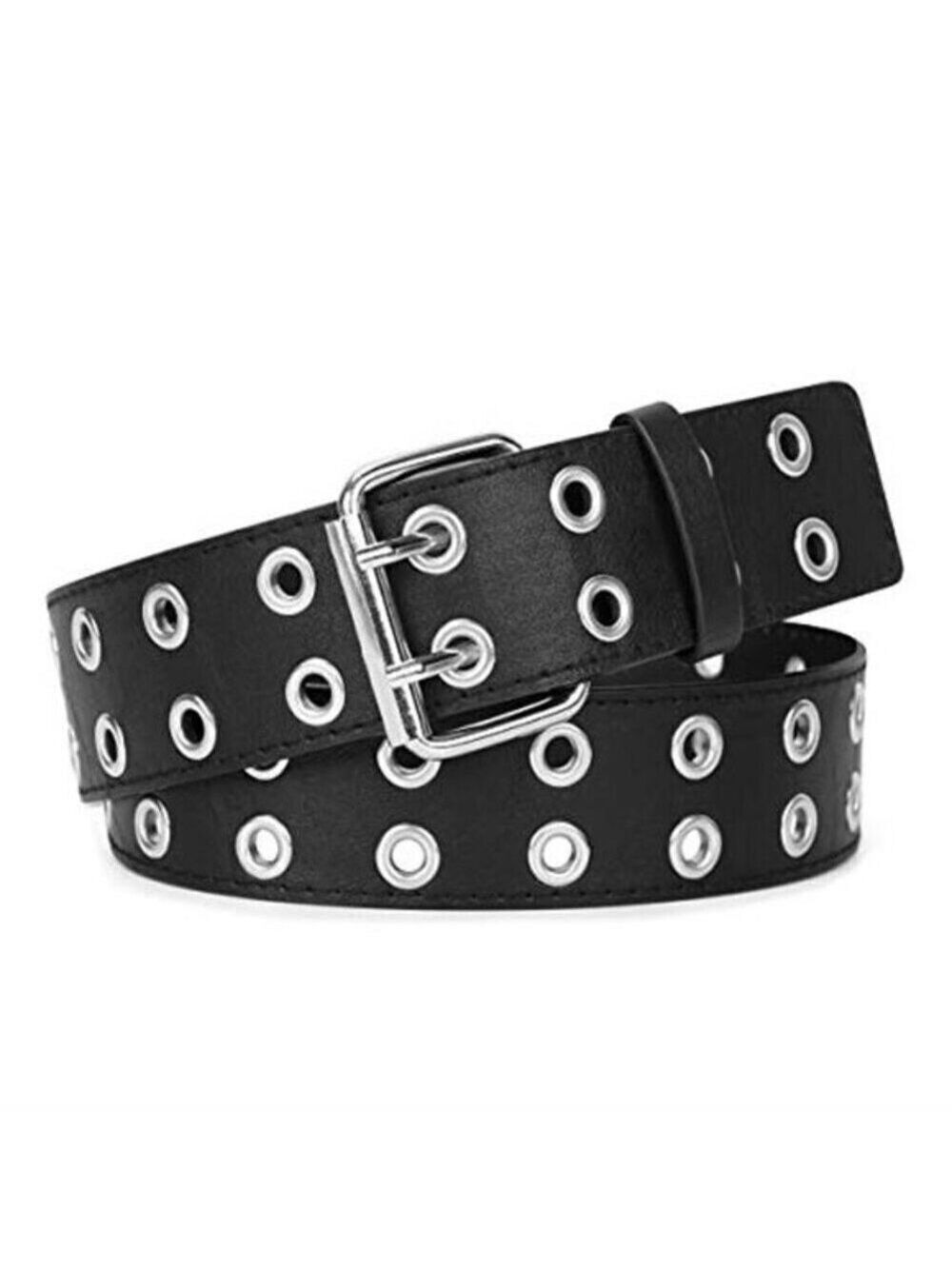 Double Grommet Punk Belt Black Vegan Leather Studded Belt for Women Men Jeans